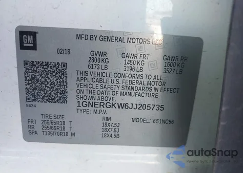 2018 Chevrolet Traverse 1Lt из США, поврежденный, VIN 1GNERGKW6JJ205735